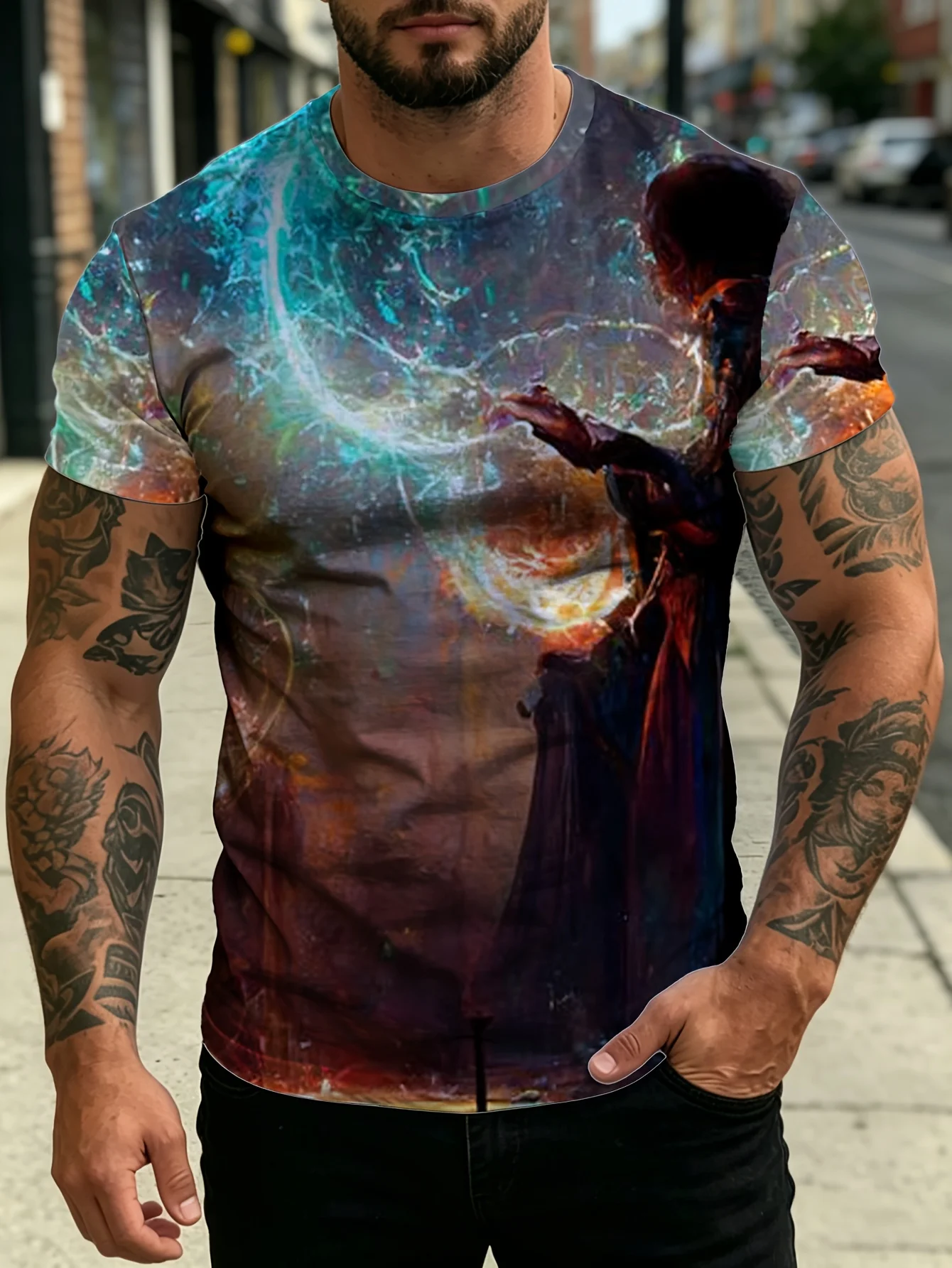 Men Cosmic Galaxy Magician Wizard Print T Shirt Crew Neck Short Sleeve Colorful Space Art Casual Street Tees