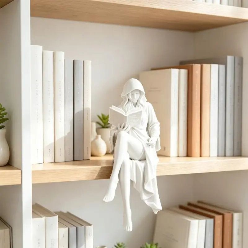 62KD 3D Print Reading Pose Witch Figurine , Hooded Girl Shelf Ornament for Nightstand Decoration, Desk Display, Bookcase