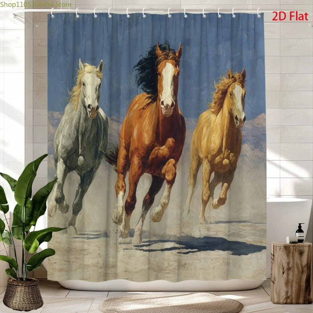 

2D плоская шторка для душа с изображением бегущей лошади, 1 шт. | Полиэстеровая ткань, винтажный художественный принт с природными мотивами, декор для ванной комнаты, в комплекте