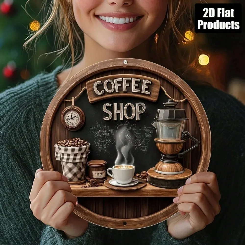 Vintage Rustic Coffee Shop Round Wooden Style High-Definition Metal Tin Sign – 2D Flat Products Design with Enhanced Depth & Art