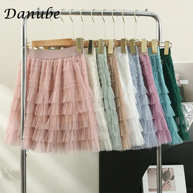 Multilayer Tulle Mini Skirts Women Summer Korean Elegant Solid Elastic Waist Mesh A-Linen Pleated Tutu Skirts Faldas Aesthetic