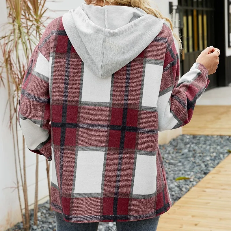 Spring Autumn Plaid Shirts Women Autumn Hooded Collar Plaid Sweatshirt Drawstring Loose Casual Hoodies Checkered Hooded Jacket