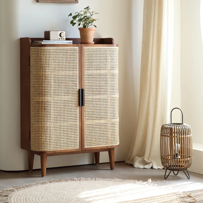 Nordic solid wood shoe cabinet creative living room home storage shoe rack home door storage locker rattan porch