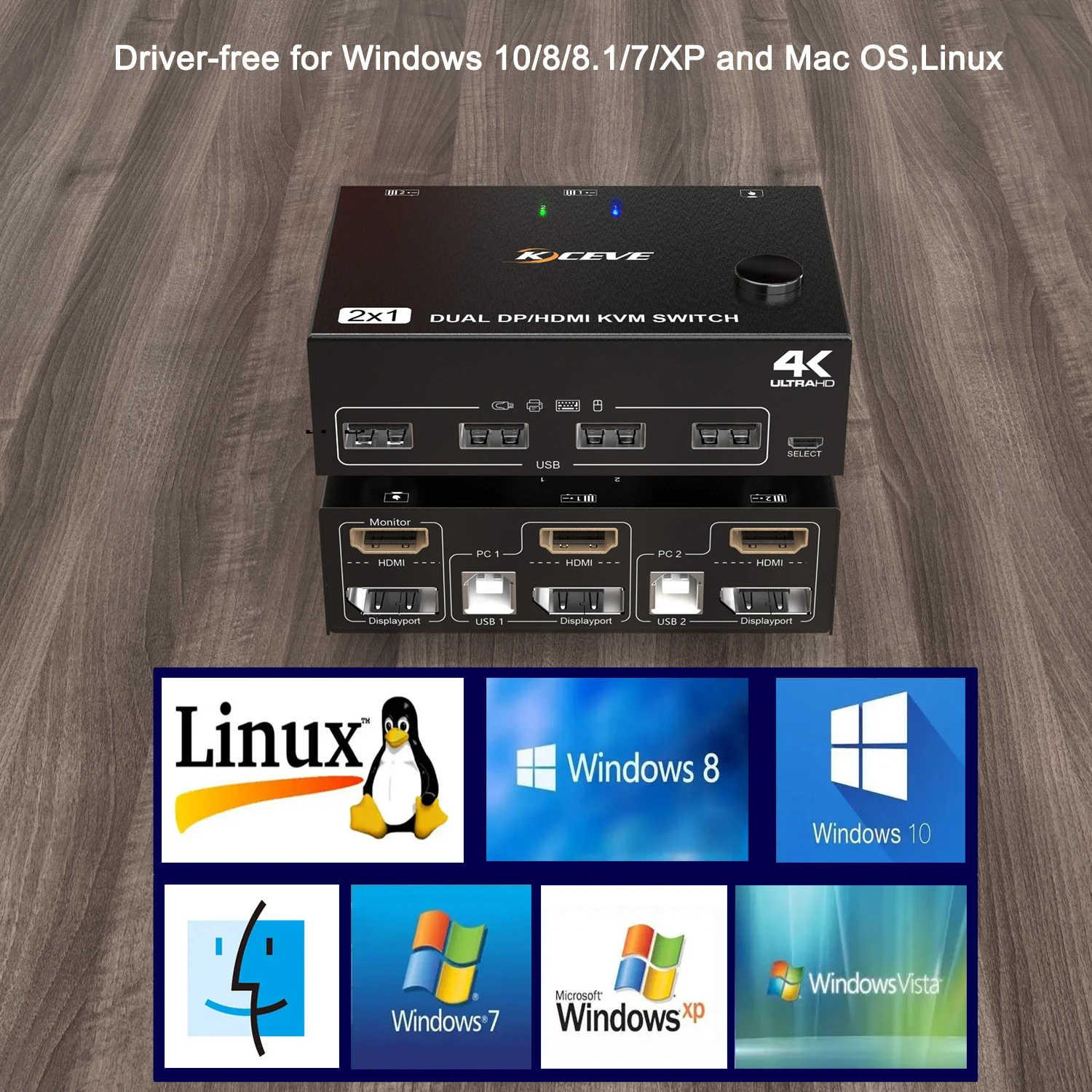 KCEVE Dual Monitor KVM Switch HDMI Dan DP 2 Port 4K @ 60Hz HDMI DP diperpanjang Display Switcher untuk 2 komputer berbagi 2 Monitor