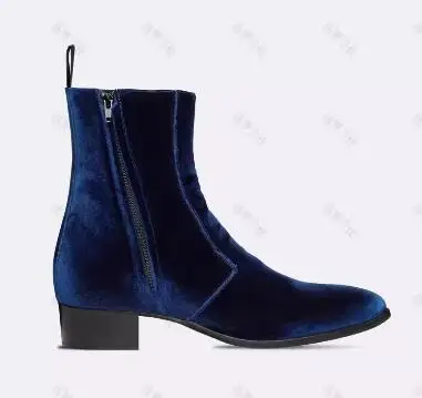 New Man Royal Blue Velvet Solid Color Pointed Toe Zipper Side High Top Low Heels Ankle Boots British Short Boots Shoes Size 38