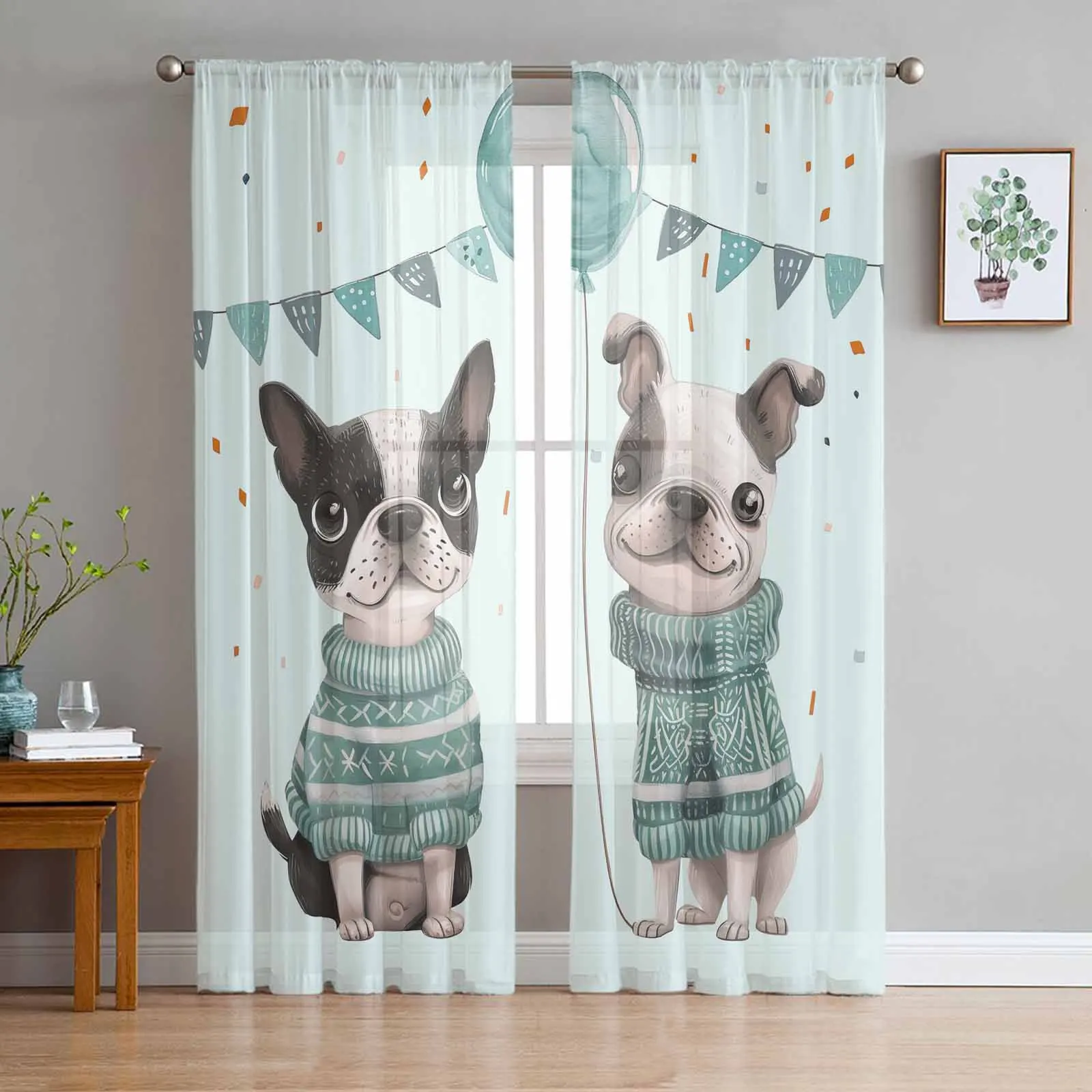 

Pet Dog Balloon Celebration Flag Sweater Sheer Curtains for Living Room Bedroom Window Treatment Kitchen Chiffon Curtain