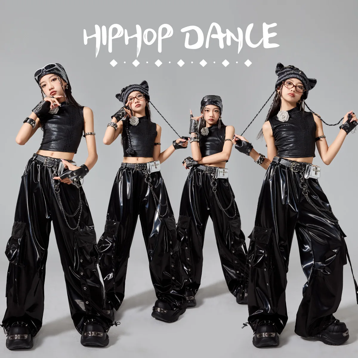 

Одежда для девочек в стиле K-pop: стильный блестящий кроп-топ, брюки-карго для уличных танцев, костюм для детских хип-хоп и джазовых выступлений, одежда для девичьих групп, детская уличная одежда