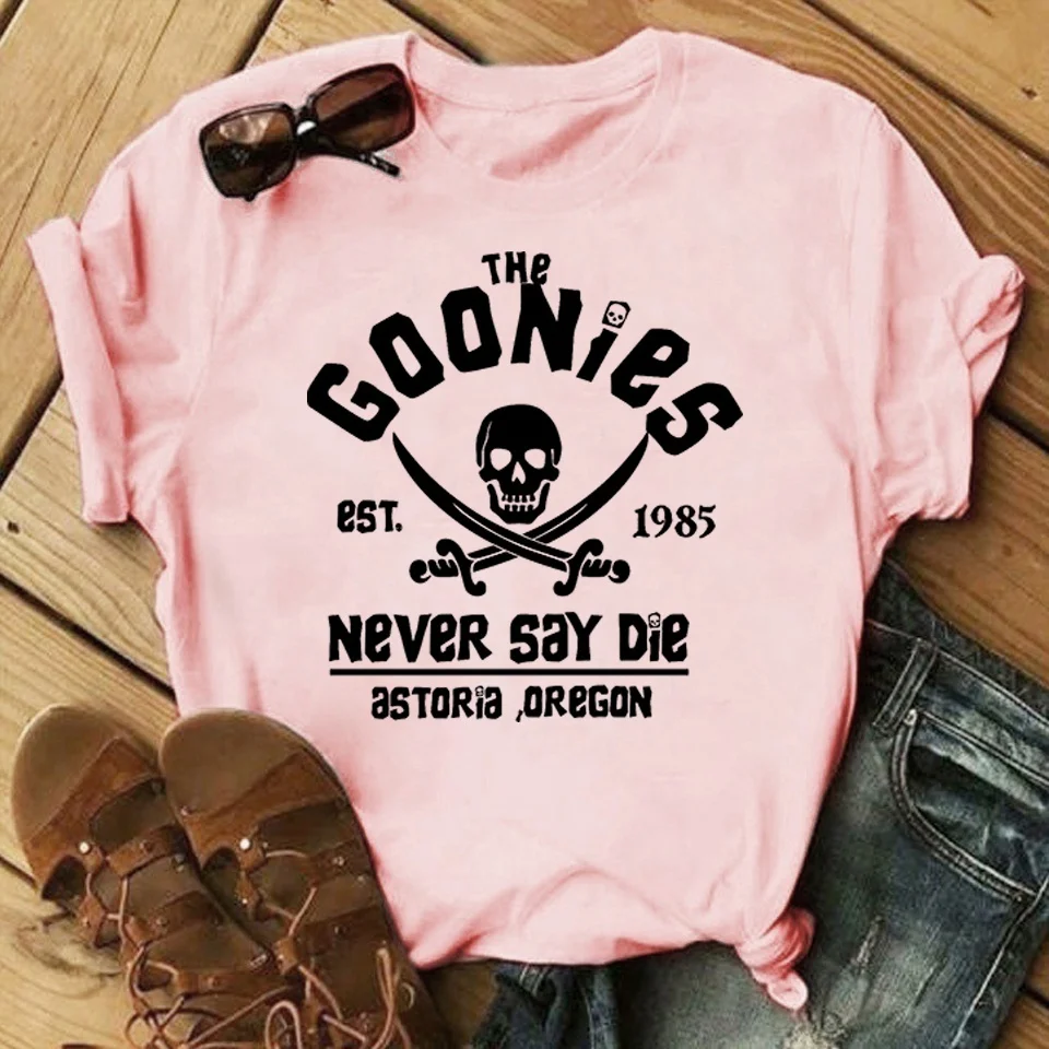 Cool Skull The Goonies Est.1995 Never Say Die Astoria Oregon Print T-shirts For Women Summer Fashion Casual Short Sleeve Round