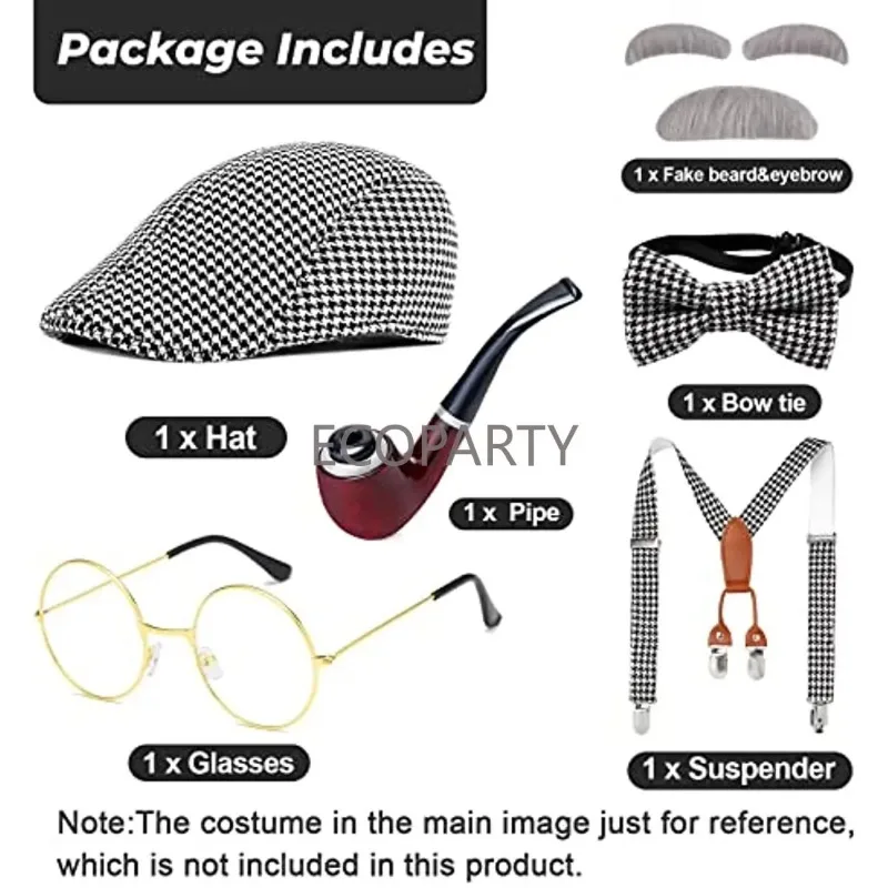 Old Man Costume for Kids100th Day of School Grandpa Costume Accessories Including Beret Hat Suspender Bowtie Beard Gangster