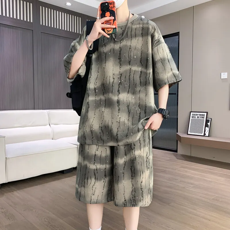 

Модные футболки и шорты Мужские комплекты Летние повседневные спортивные костюмы с короткими рукавами из 2 предметов Молодежная уличная одежда Топы Футболки и брюки Одежда