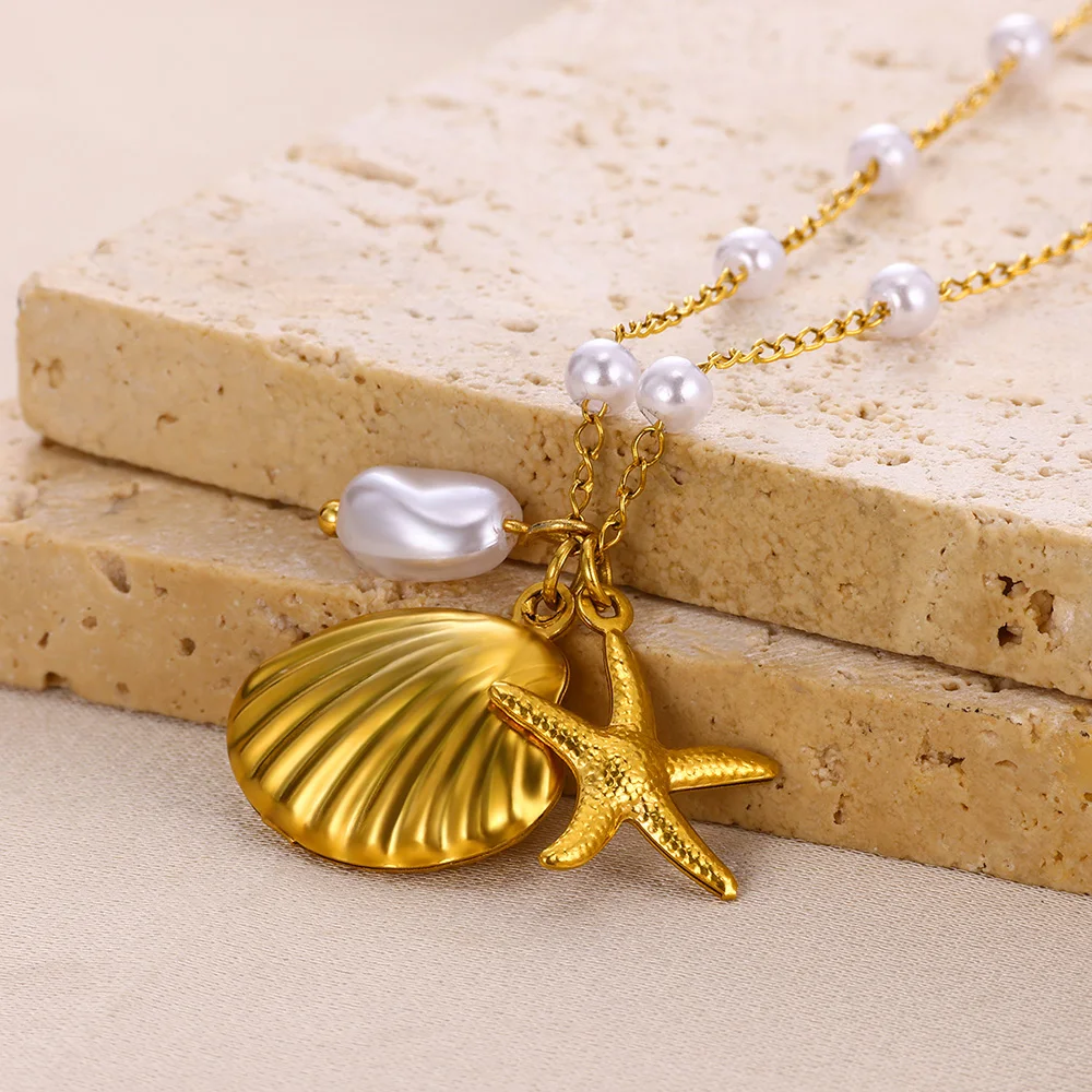 2024 Trendy Summer Beach Jewelry Accessories Gift Cute Gold Plated Stainless Steel Shell Starfish Pendant Necklace For Women