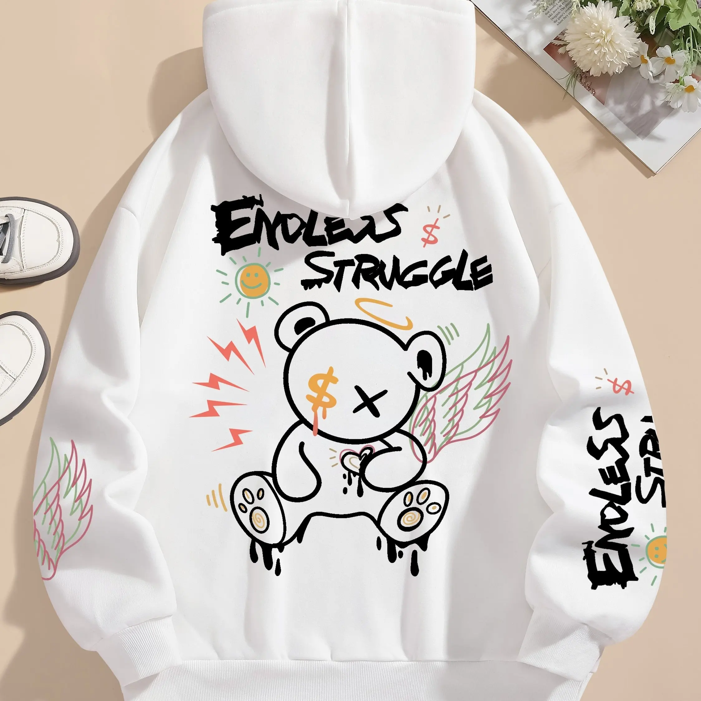 Couple's Autumn and Winter Personalized Bear Print Hooded Sweatshirt, Casual Pullover Sweatshirt and Men's Top