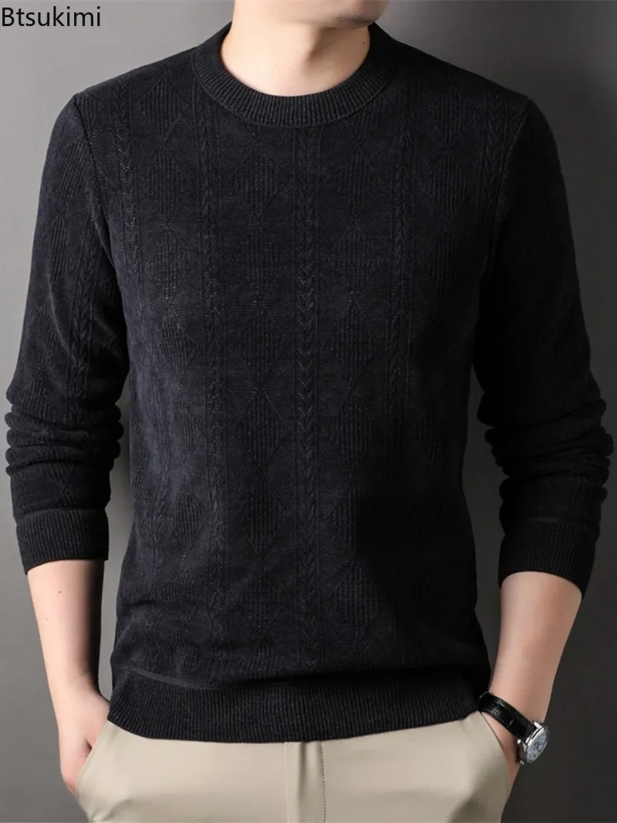 2025Men's Casual Thick Warm Sweater Tops Solid Autumn Winter Knitted Pullover Sweater Tops All Match Bottom Sweater Male Clothes