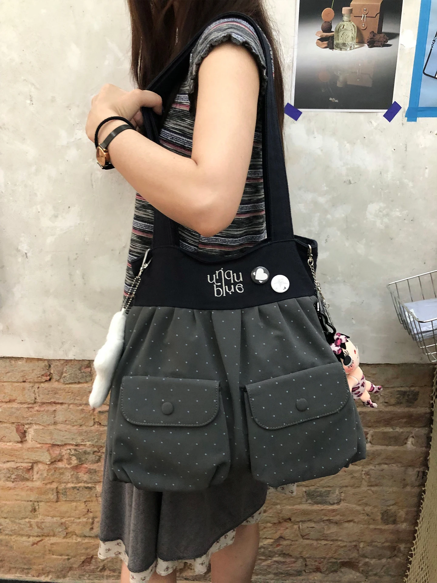 unique-blue-korean-style-polka-dot-student-tote-bag-women's-large-capacity-shoulder-bag-multi-pocket-design-commuting-bag
