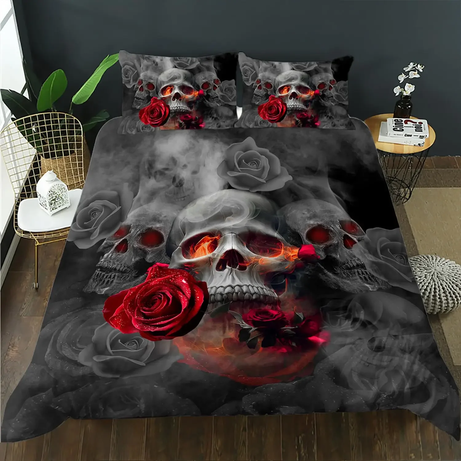 Floral Comforter Cover No Filling Black Skeleton Bedding Set Antique Victorian Baroque Skull Duvet Cover Gothic Vintage