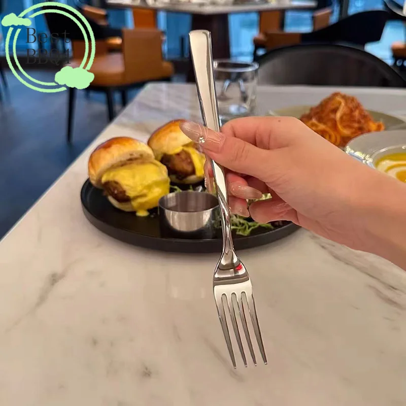 BBQ4 Stainless Steel Dinner Fork Long Handle Table Forks Set Korean Cutlery Four Tine Salad Dessert Fruit Forks Kitchen