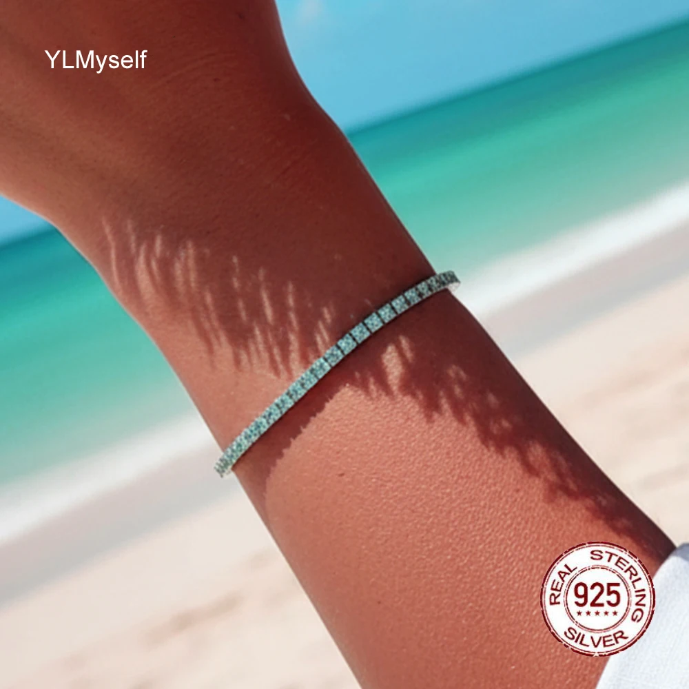 

YLMyself 925 Sterling Silver Tennis Bracelet 2mm Pave Paraiba CZ 15/16/17cm Hip Hop Chain Women