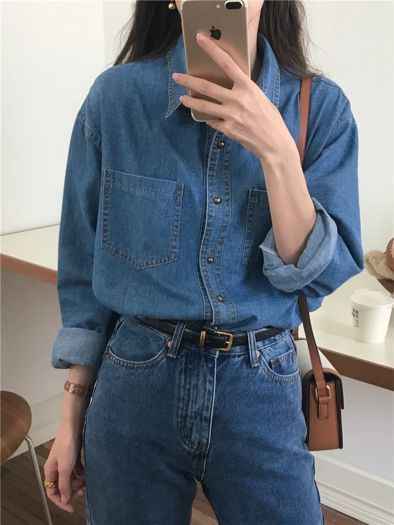 

Retro French Style Double Pocket Long Sleeve Denim Shirt Simple Match 2 Colors Autumn Winter New Arrival Korean Version Shirt