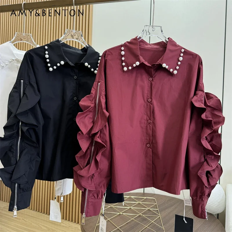 

2025 Spring New Pearl Lapel High-end Long-sleeved Red Blusas Women's Design Popular Splicing Ruffle Edge Loose Shirt Top Blouse