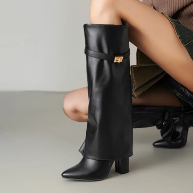

Black Pu Leather Knee High Boots Women Sexy Pointed Toe Straight Leg Boots Woman Punk Style Wedge High Heels Long Botas Mujer