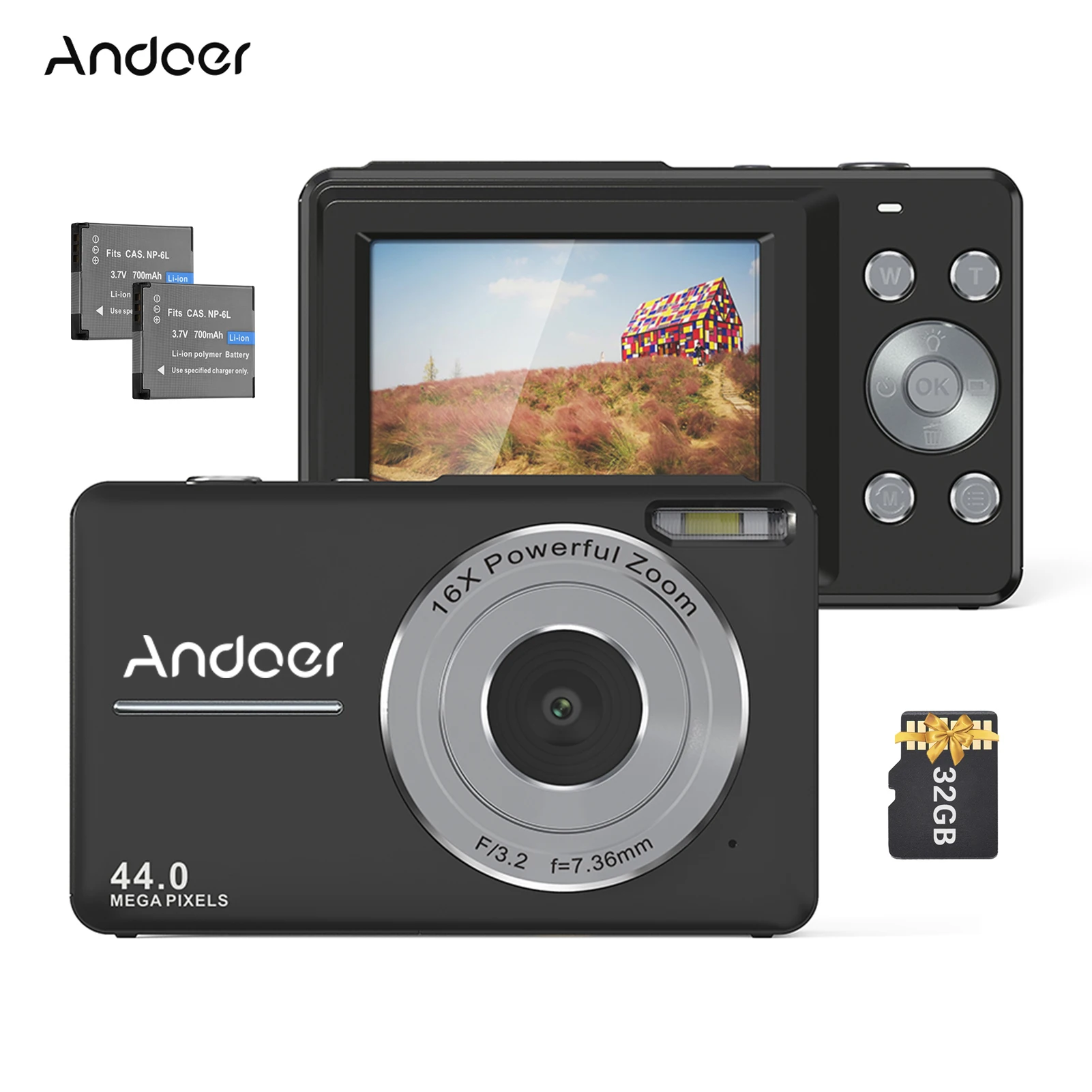 Andoer Portable 1080P Digital Camera Video Camcorder 44MP Auto Focus 2.5 IPS Screen 16X Digital Zoom Anti-shake Face Detect