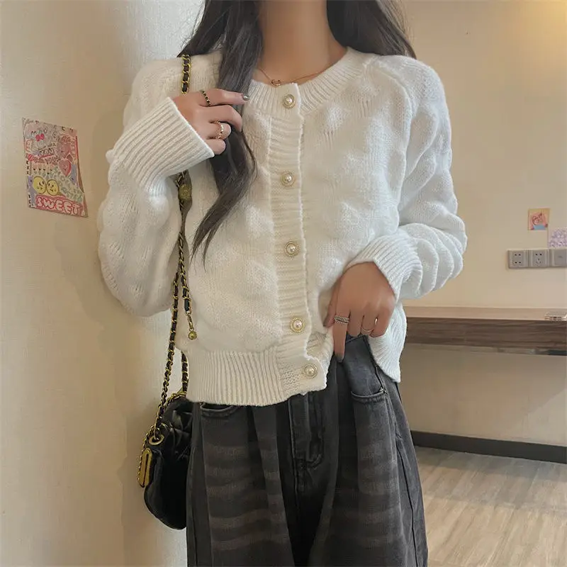 Women\'s Autumn Winter Solid Screw Thread Paisley Button Long Sleeve Sweater Knitted Cardigan Coats Fashion Office Lady Tops