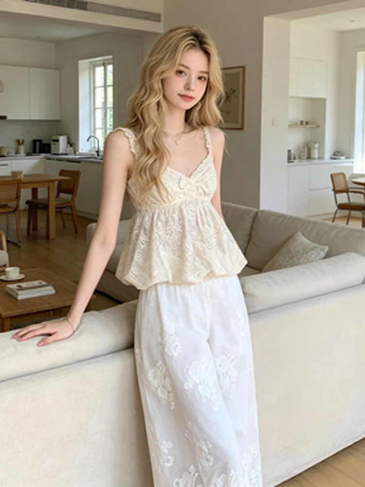 Lace Ruffled Short-sleeved Pant Set Women Fashion Embroidered Loose Blouse Hollow-out Wide-leg Trousers Elegant Daily Suit