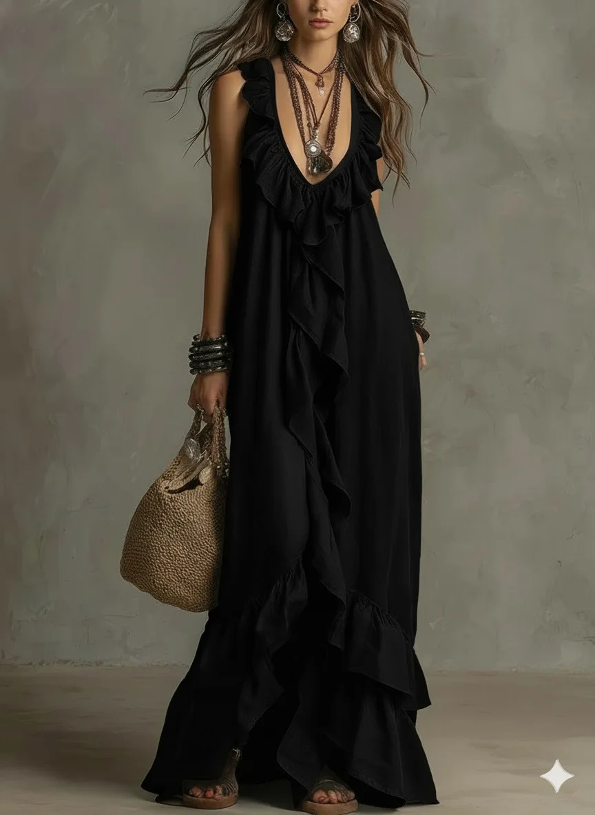 Damen Boho Maxikleid mit Tiefem V-Ausschnitt und Rüschenbesatz Ärmelloses Sommer-Strandkleid