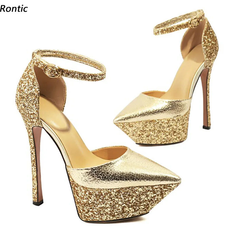 

Rontic New Arrival Women Spring Pumps Ankle Strap Thin High Heel Pointed Toe Beautiful Gold Silver Party Shoes US Size 3-10.5