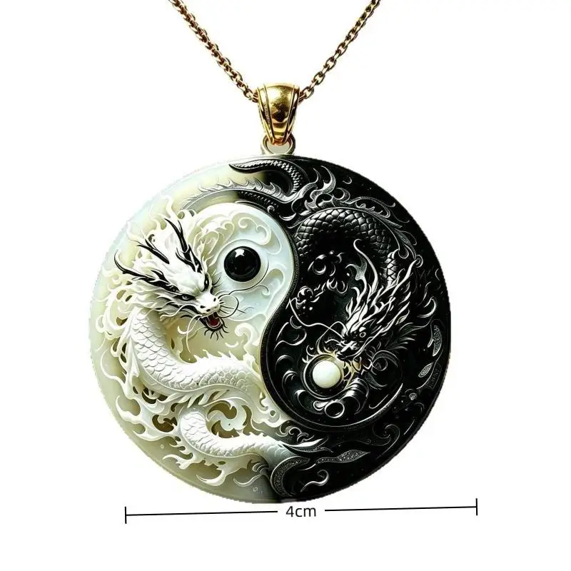 Yin Yang Twin Dragons Necklace Matte Enamel Animal Pendant Unique Mythical Choker for Punk Gothic Style Outfit Accessory
