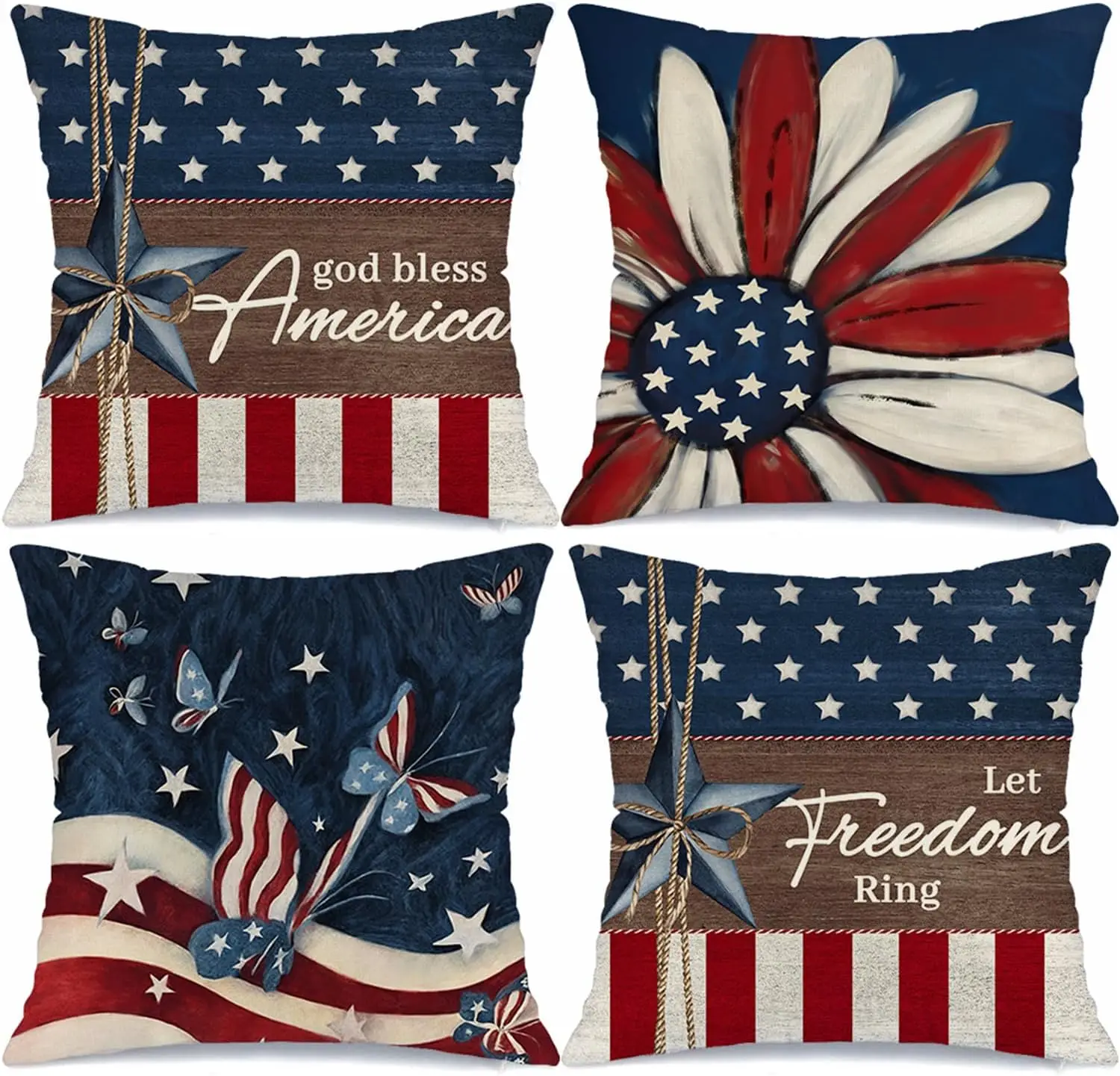 4 Pack Patriotic Americana Pillow Covers Set Stars Stripes American Flag Throw Cushions US Decor Cottage Style Shabby Chic Home