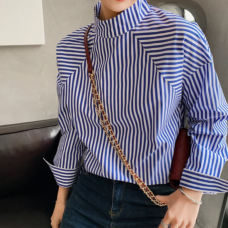 

2024 Autumn Blue Ious Grain Shirt Suit-dress Half High Lead Pullover Hit Color Design Feel Niche shirts2020-03