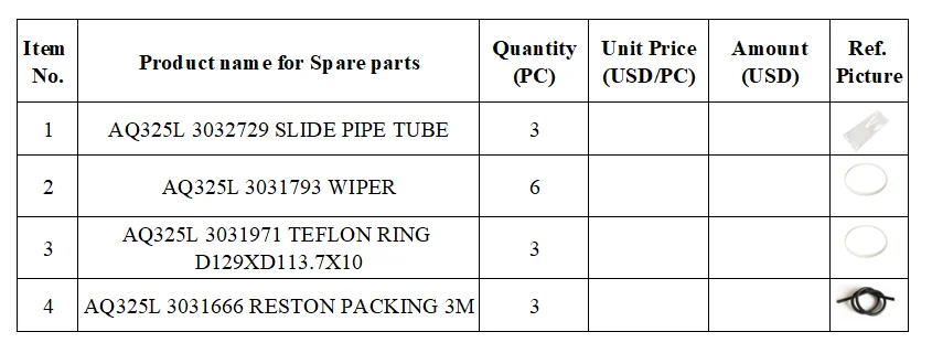 Tubo Deslizante AQ325L 3032729, Limpiaparabrisas AQ325L 3031793, Anillo AQ325L 3031971 D129XD113.7X10, Empaque Reston 3M AQ325L 3031666
