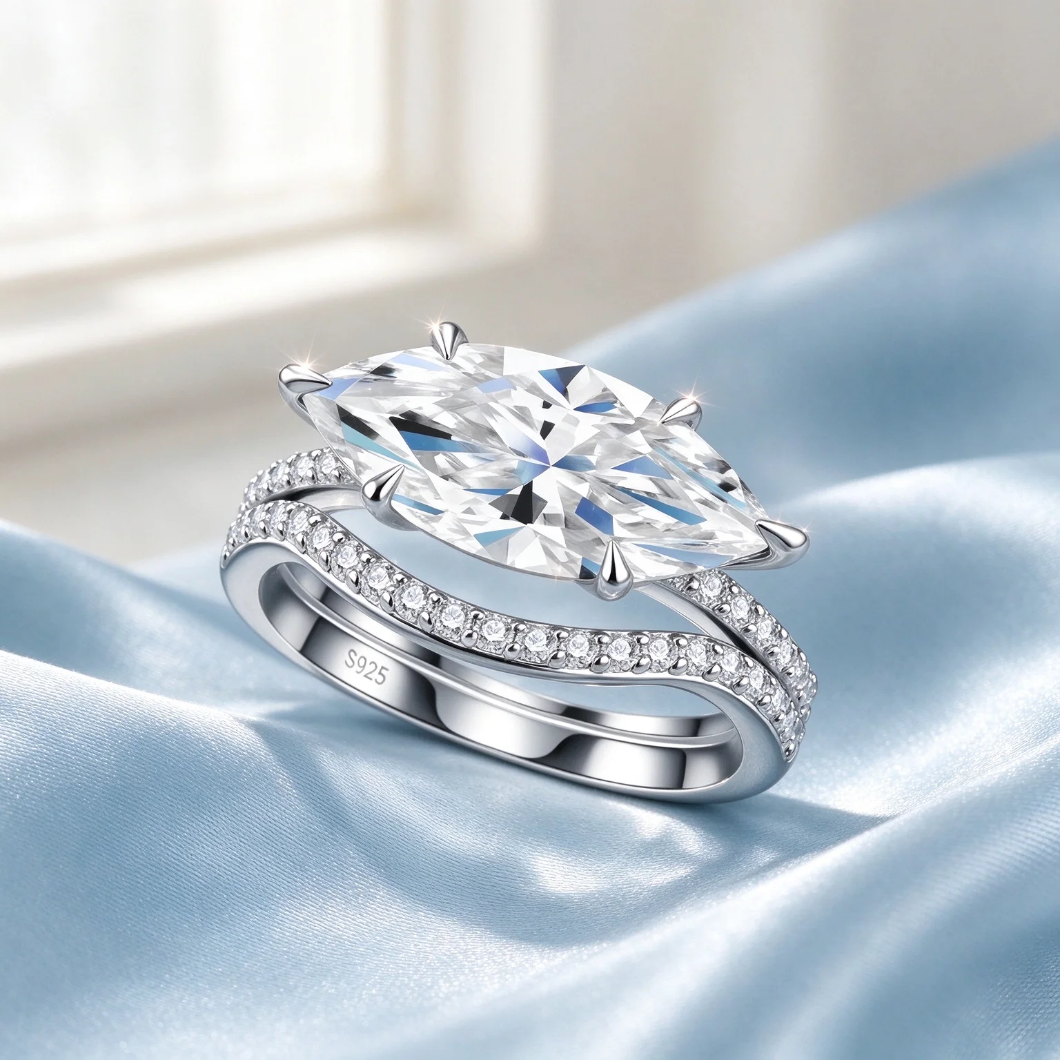 S925 Silver Marquise Cut Moissanite Two Piece Stackable Ring Set 18K Gold Plated D VVS1 Moissanite Band Sparkling Fine Gemstone Jewelry Gift For Women Bride Anniversary Engagement Wedding Birthday Casual Daily Wear Delicate Trendy Stackable Ring Accessory
