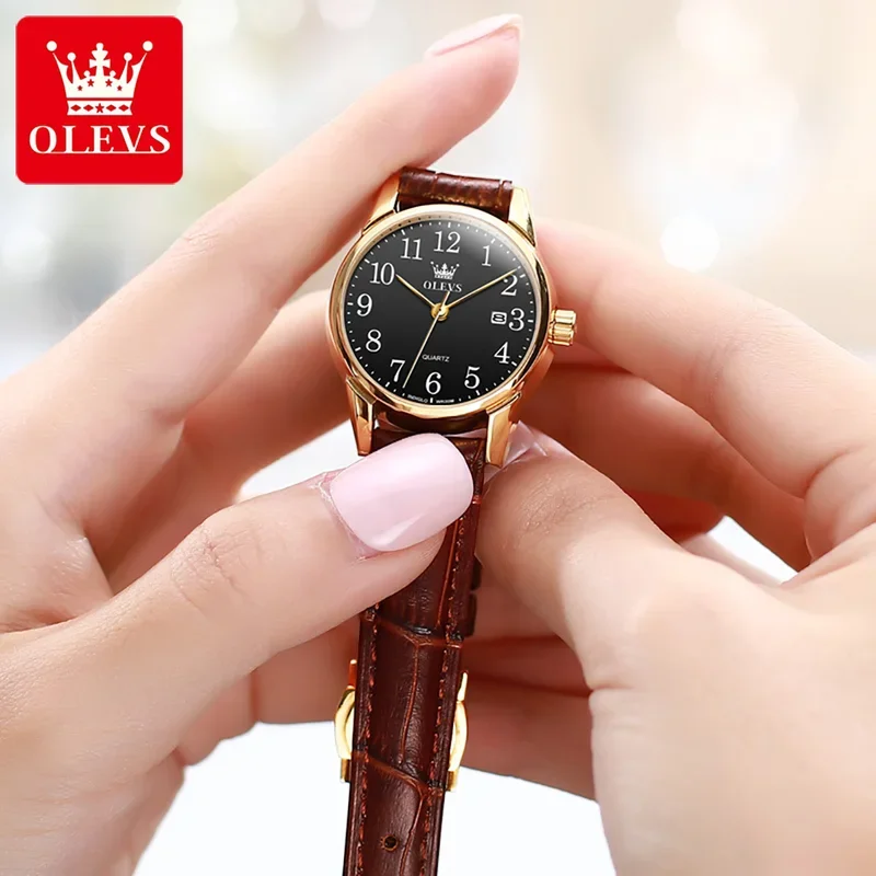 Olevs-Montre à quartz classique pour femmes, bracelet en cuir marron, avec fonction de date, cadran numérique, étanche, pour dames, 5566