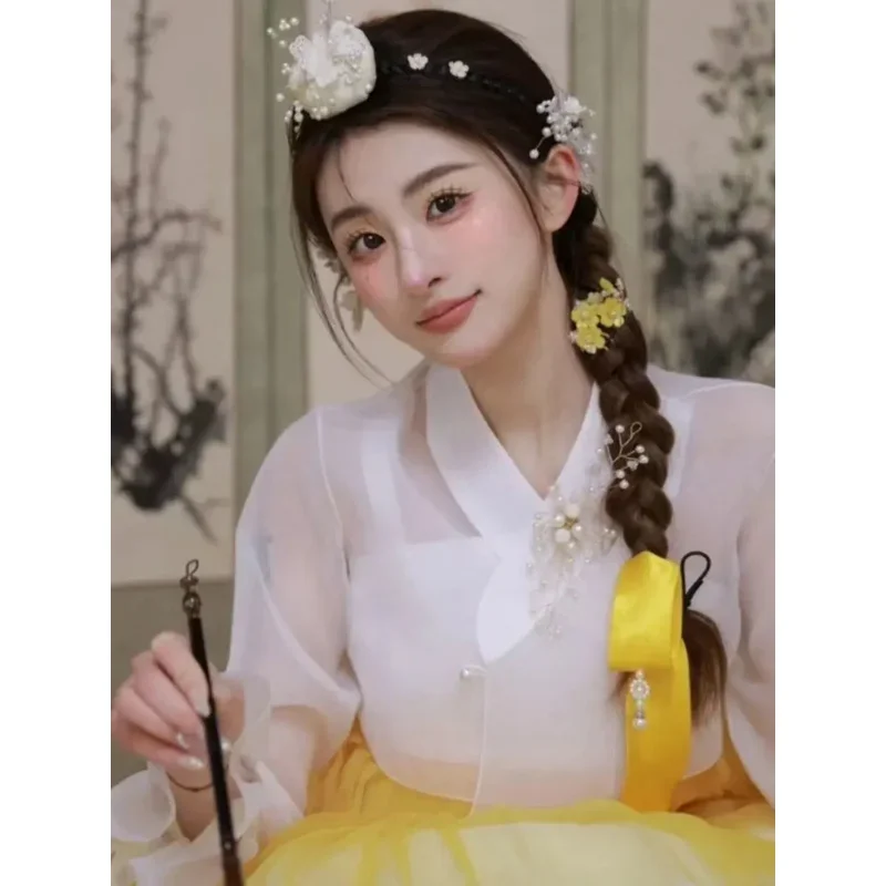 Yellow Hanbok Women Summer New Gauze Dress Traditional Clothing Court Korean Wedding Dress Asia Pacific Islands Clothing 한복.