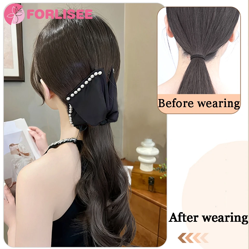 FORLISEE  Synthetic Butterfly Ponytail Wig Female Layered Wave Curl Claw Clip High Ponytail Retro Pearl Wig Braid