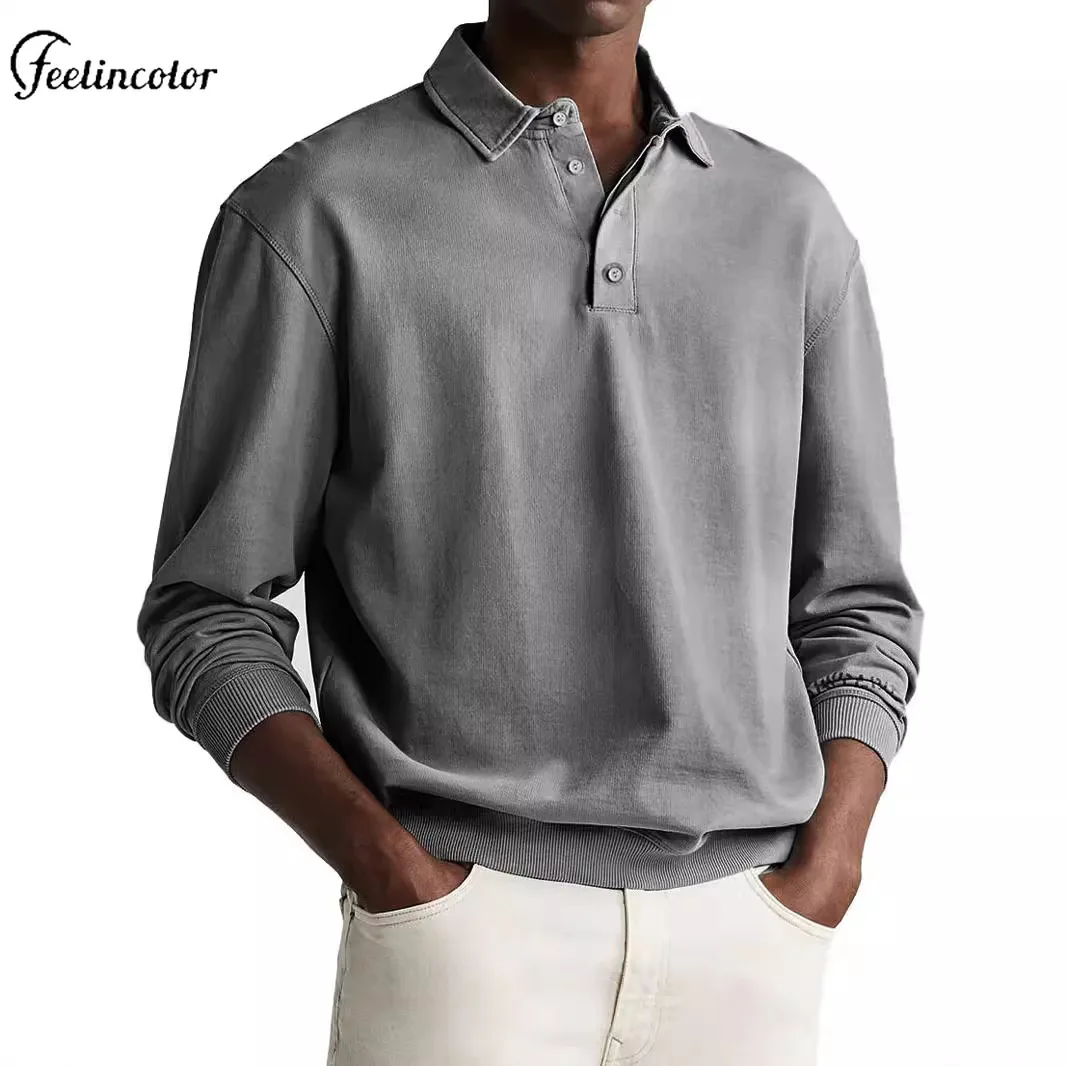 

Man Button-down Lapel Polo Shirt Solid Color Casual Top White Grey Business Commuter Officer Shirt Autumn Long Sleeved Pullover