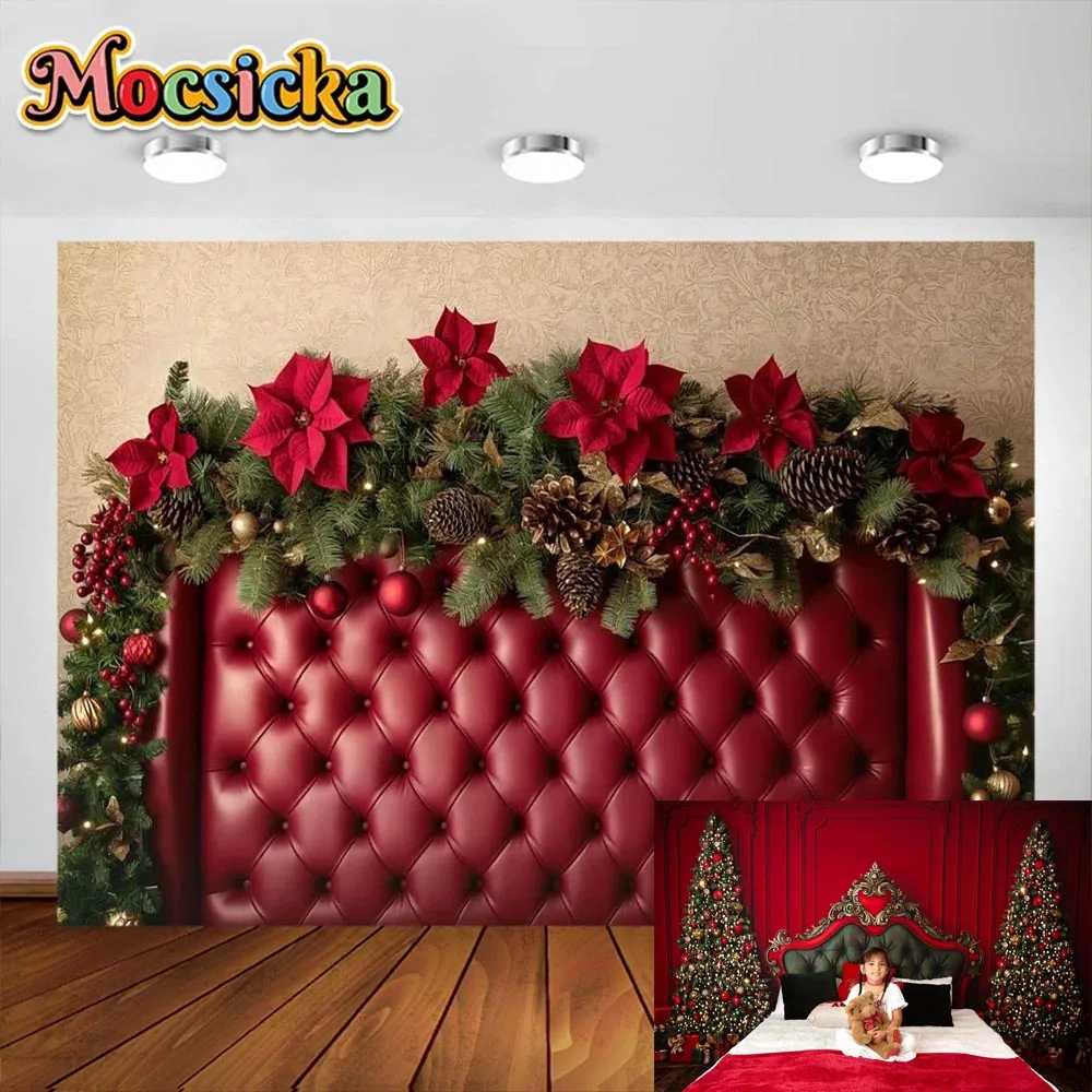 

Mocsicka Photography Backdrops Xmas Headboard Kids Family Child Adult Photocall Decors Christmas Trees Red Curtain Backgrounds