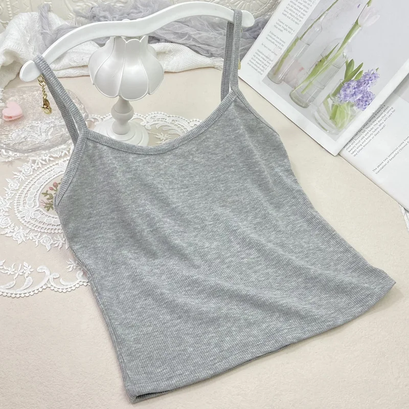 

Summer New Arrival Solid Color Mini Strap Women's Girl Student Innerwear Slimming Ribbed Tank Top Versatile Short Underwear Top