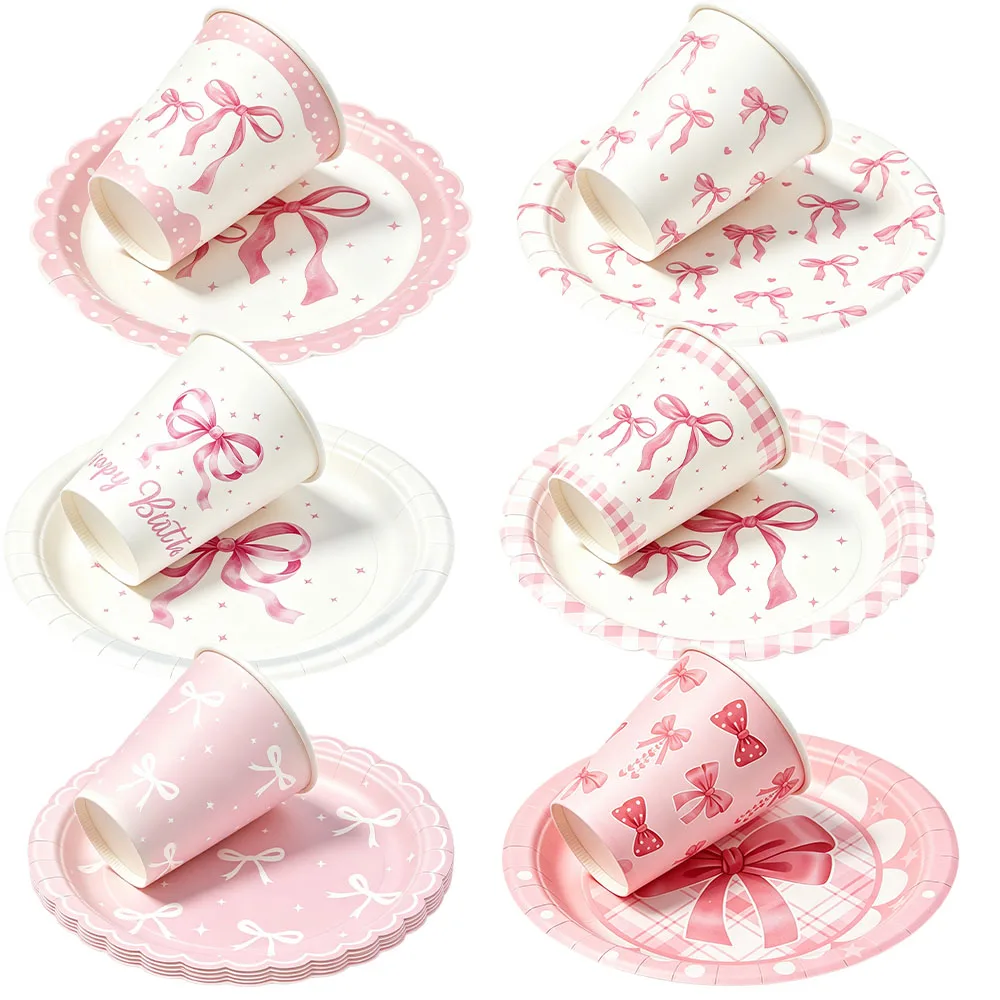 20-80Pcs Pink Bow 7inch Plates Cups Set Disposable Paper Tableware Pink Bow Theme Birthday Baby Shower Wedding Party Supplies