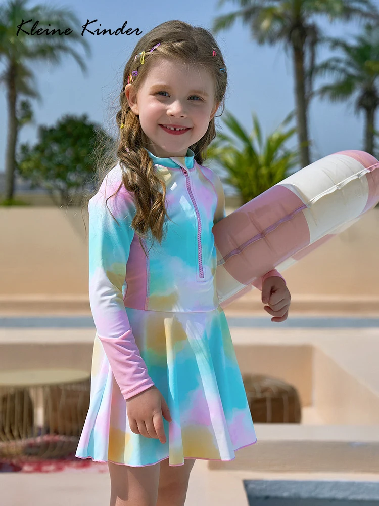 Swimsuit Girl One-Piece Children\'s Swimwear Long Sleeve Skirt Swimming Bathing Suit UPF50+ UV Protection Beach Dress Rash Guard