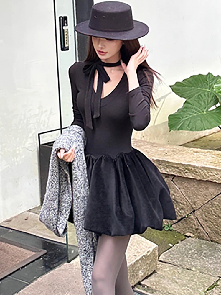 2025 Black Long Sleeve Bow V-Neck Sexy Mini Dress Women Knitted Patchwork Ruffled Prom Dress Autumn Winter Korean Bodycon Dress