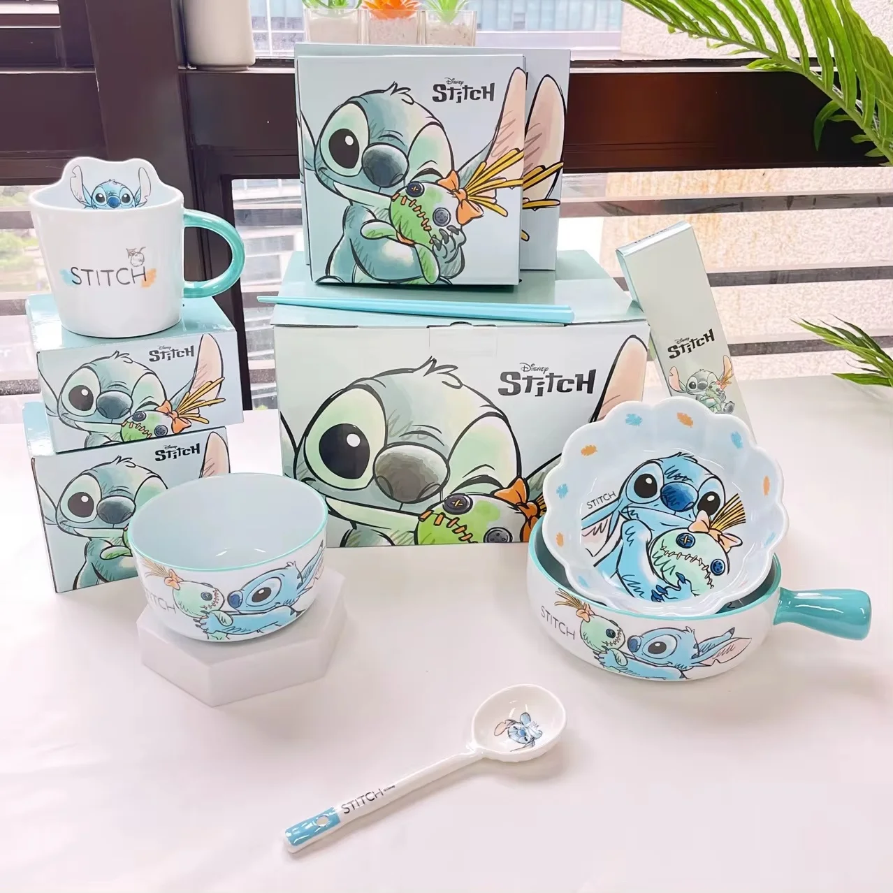 New Stitch Salad Bowl Dinner Plates Household Ceramic Plate Cute Styling Rice Bowl Resistant Tableware Kids Water Cup Coffee Mug