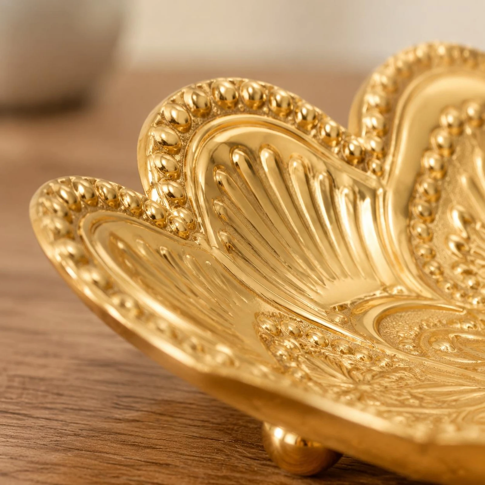 Lotus Tray Gold-Toned Embossed Floral Tray Home Decor Shallow Dish Household Accessory Decorative for Display