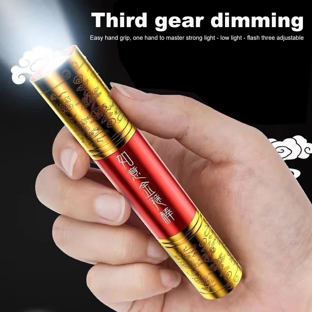 Mini Golden Cudgel LED Flashlight Built-in Battery USB Rechargable Telescopic Zoom Torch Waterproof Camping Emergency Lantern