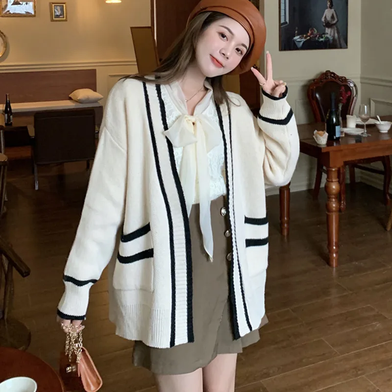 Women Autumn Korean Office Lady Loose Pocket Cardigan Long Sleeve Knitwear Women Clothes Fashion All-match Trend Knitting Coat