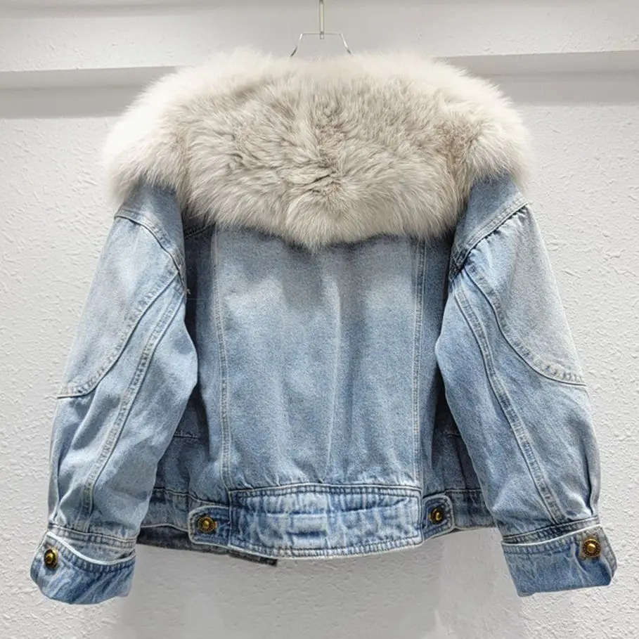 Fashion Real fox fur collar denim down jackets for women winter 2023 new Warm fur parka Female denim jacket Y4453