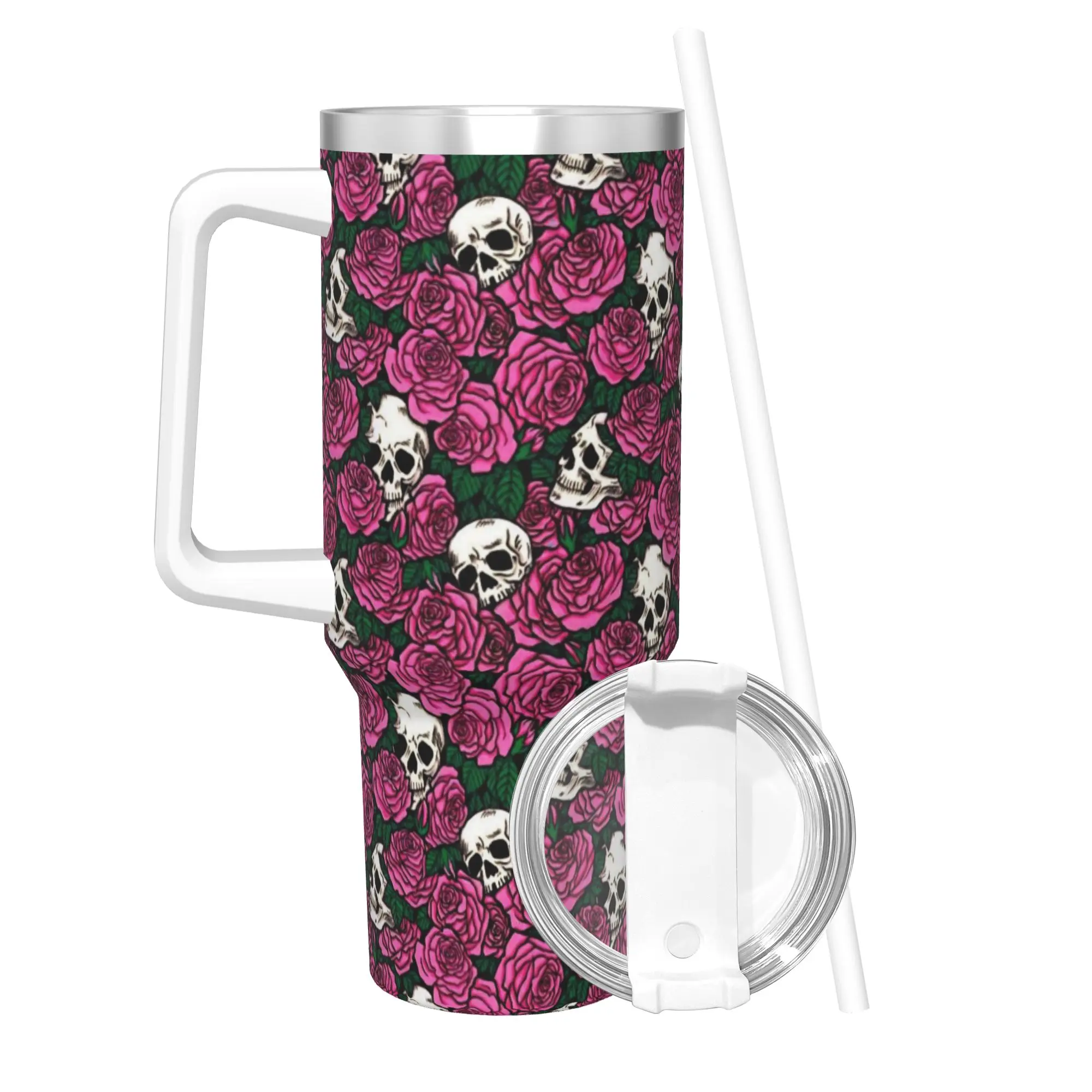 Halloween Skulls And Flowers Gothic Goth Tumbler 40oz Stainless Steel Double Wall Vacuum Insulated  Tumblers Cup With Straw