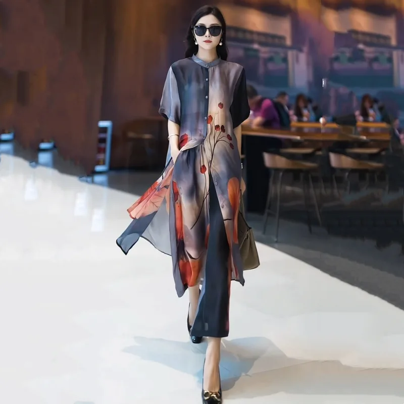 

Chinese Style Silk Retro Two Piece Outfits Women Fashion Printed Fragrant Cloud Yarn Printed Cardigan Loose Wide Leg Pants Set